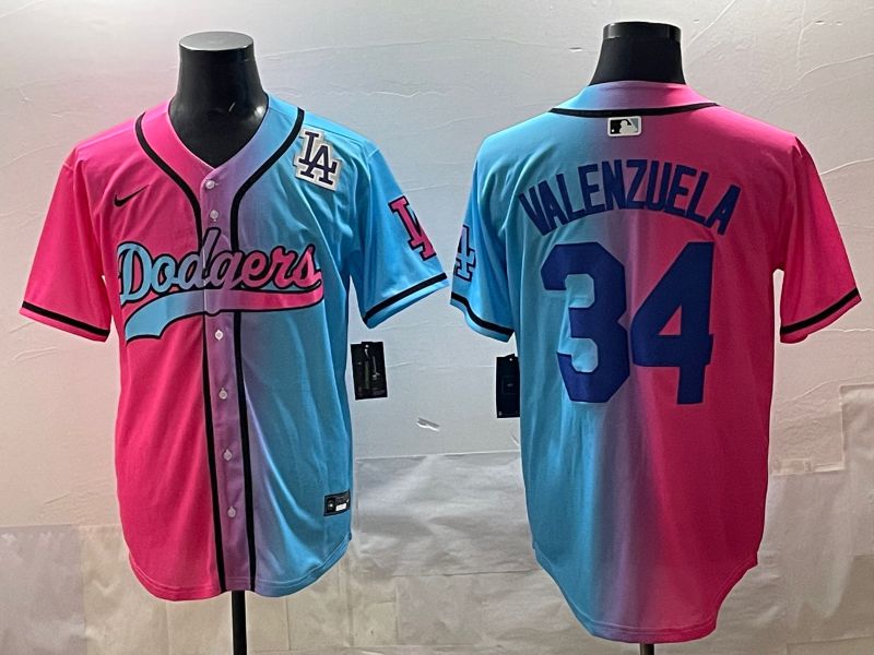 Men 2025 Los Angeles Dodgers #34 Valenzuela Blue pink Game Nike MLB Jersey style 09->new york yankees->MLB Jersey